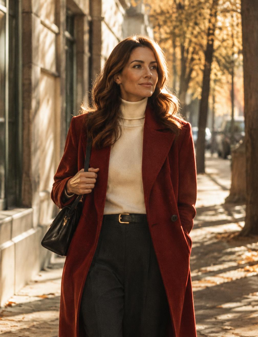 A woman walking through the city in autumn